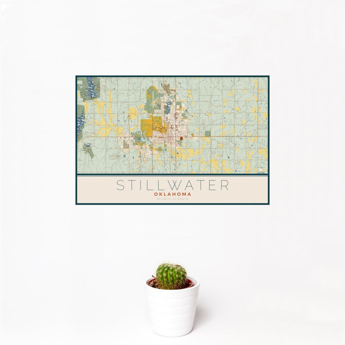 12x18 Stillwater Oklahoma Map Print Landscape Orientation in Woodblock Style With Small Cactus Plant in White Planter