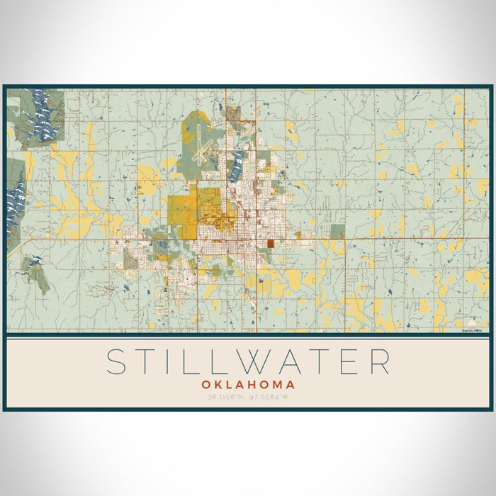 Stillwater Oklahoma Map Print Landscape Orientation in Woodblock Style With Shaded Background