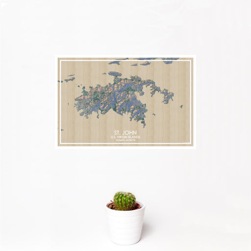 12x18 St. John U.S. Virgin Islands Map Print Landscape Orientation in Afternoon Style With Small Cactus Plant in White Planter