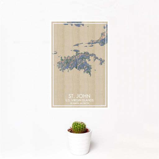12x18 St. John U.S. Virgin Islands Map Print Portrait Orientation in Afternoon Style With Small Cactus Plant in White Planter