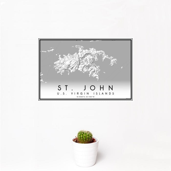 12x18 St. John U.S. Virgin Islands Map Print Landscape Orientation in Classic Style With Small Cactus Plant in White Planter