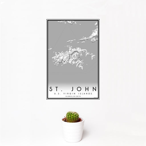12x18 St. John U.S. Virgin Islands Map Print Portrait Orientation in Classic Style With Small Cactus Plant in White Planter