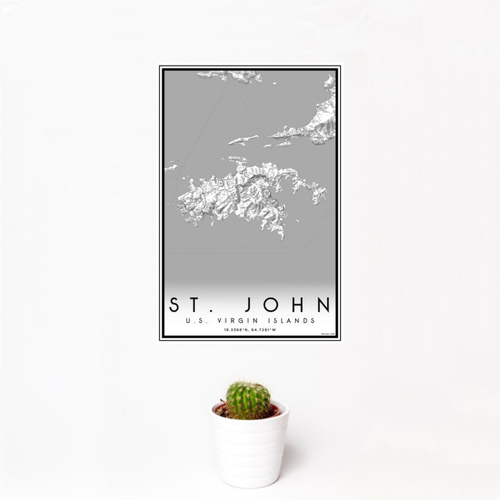 12x18 St. John U.S. Virgin Islands Map Print Portrait Orientation in Classic Style With Small Cactus Plant in White Planter