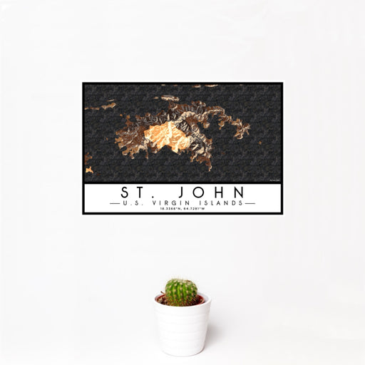 12x18 St. John U.S. Virgin Islands Map Print Landscape Orientation in Ember Style With Small Cactus Plant in White Planter