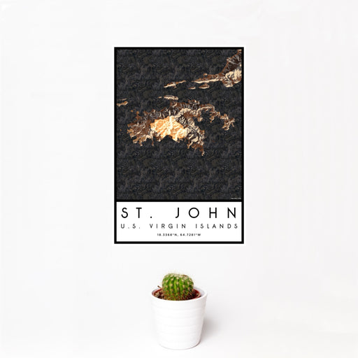 12x18 St. John U.S. Virgin Islands Map Print Portrait Orientation in Ember Style With Small Cactus Plant in White Planter