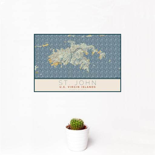 12x18 St. John U.S. Virgin Islands Map Print Landscape Orientation in Woodblock Style With Small Cactus Plant in White Planter