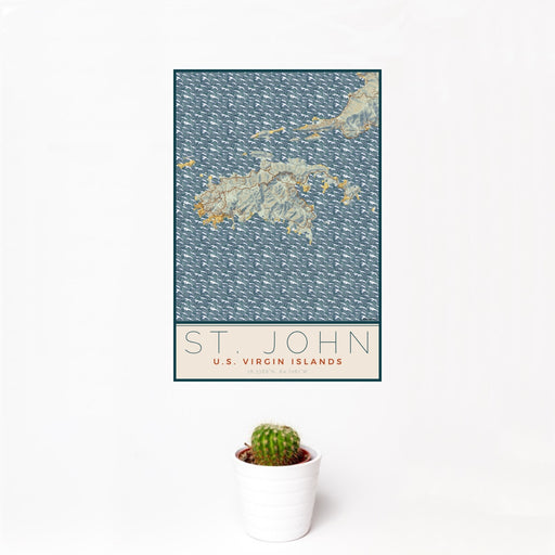 12x18 St. John U.S. Virgin Islands Map Print Portrait Orientation in Woodblock Style With Small Cactus Plant in White Planter