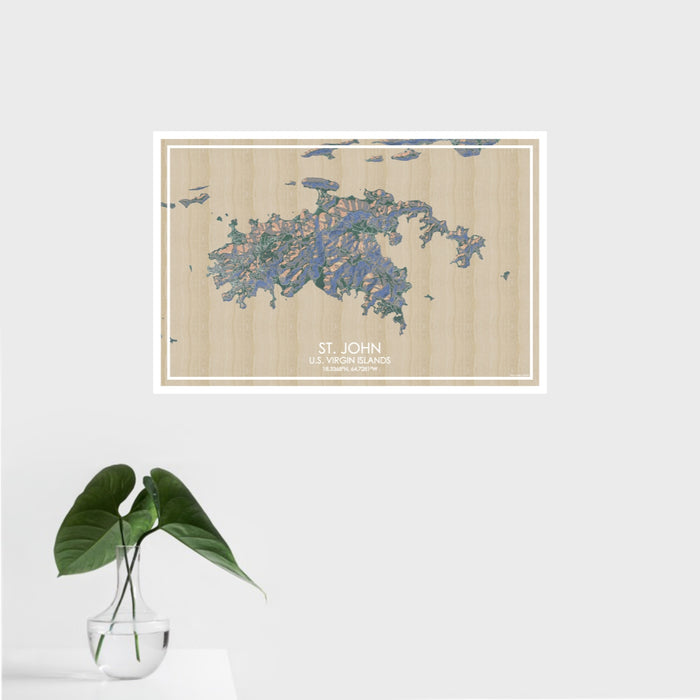 16x24 St. John U.S. Virgin Islands Map Print Landscape Orientation in Afternoon Style With Tropical Plant Leaves in Water