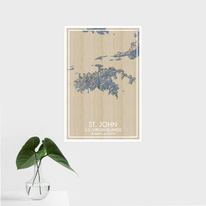 16x24 St. John U.S. Virgin Islands Map Print Portrait Orientation in Afternoon Style With Tropical Plant Leaves in Water
