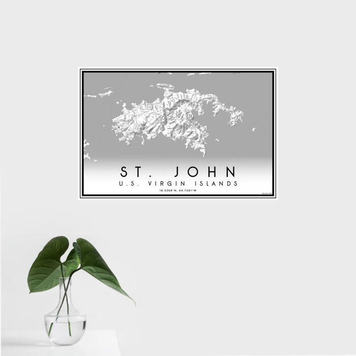 16x24 St. John U.S. Virgin Islands Map Print Landscape Orientation in Classic Style With Tropical Plant Leaves in Water