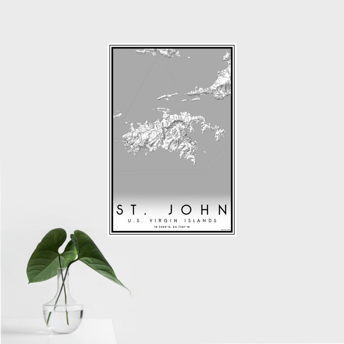 16x24 St. John U.S. Virgin Islands Map Print Portrait Orientation in Classic Style With Tropical Plant Leaves in Water
