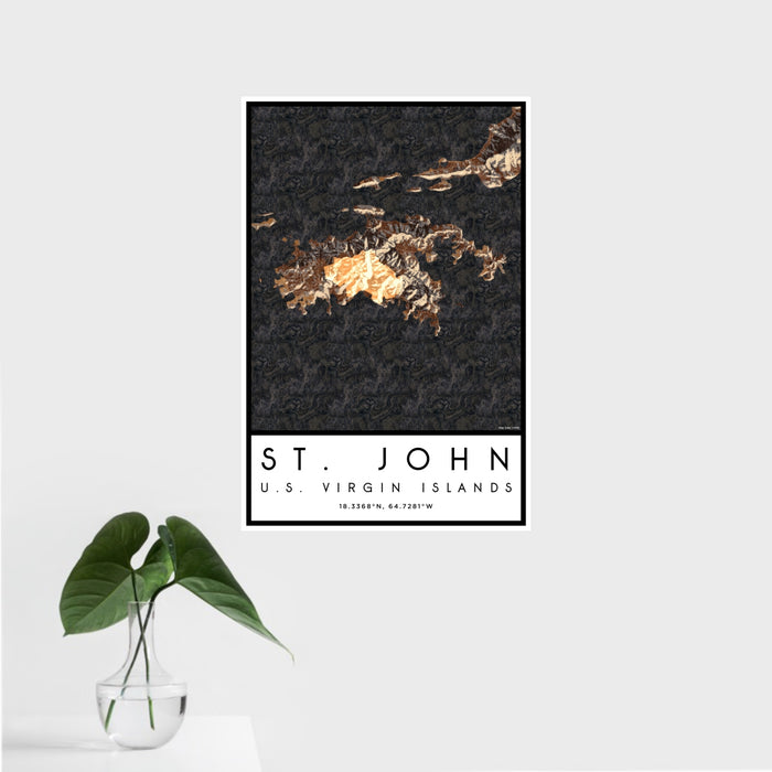 16x24 St. John U.S. Virgin Islands Map Print Portrait Orientation in Ember Style With Tropical Plant Leaves in Water