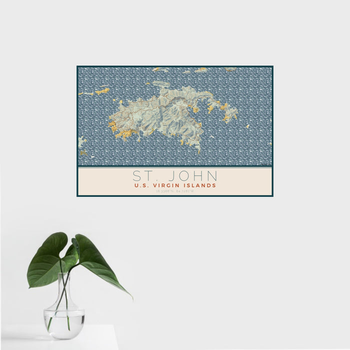 16x24 St. John U.S. Virgin Islands Map Print Landscape Orientation in Woodblock Style With Tropical Plant Leaves in Water