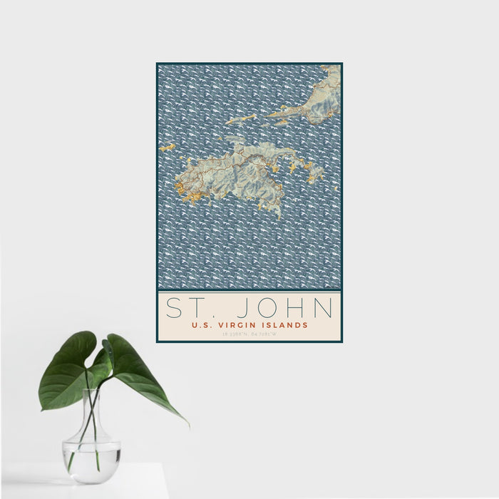16x24 St. John U.S. Virgin Islands Map Print Portrait Orientation in Woodblock Style With Tropical Plant Leaves in Water