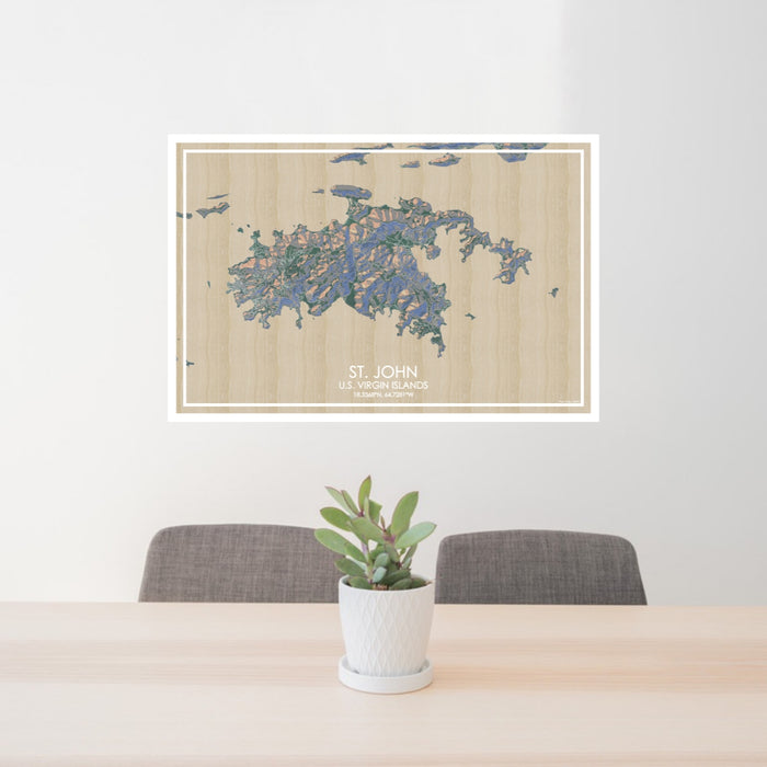 24x36 St. John U.S. Virgin Islands Map Print Lanscape Orientation in Afternoon Style Behind 2 Chairs Table and Potted Plant