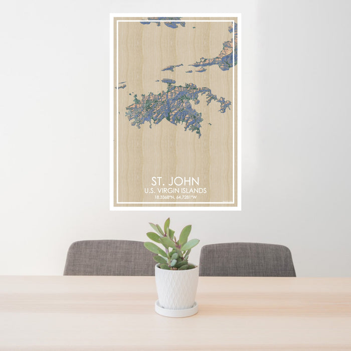 24x36 St. John U.S. Virgin Islands Map Print Portrait Orientation in Afternoon Style Behind 2 Chairs Table and Potted Plant
