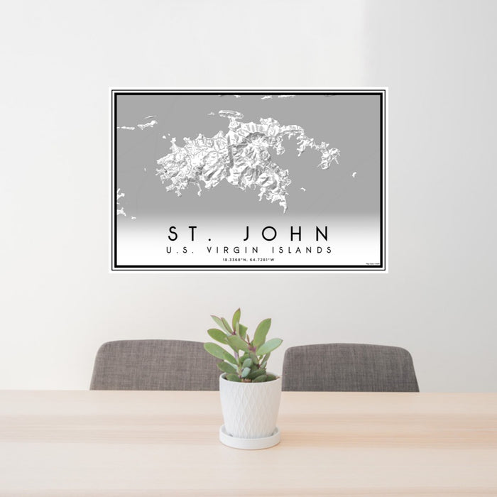 24x36 St. John U.S. Virgin Islands Map Print Lanscape Orientation in Classic Style Behind 2 Chairs Table and Potted Plant