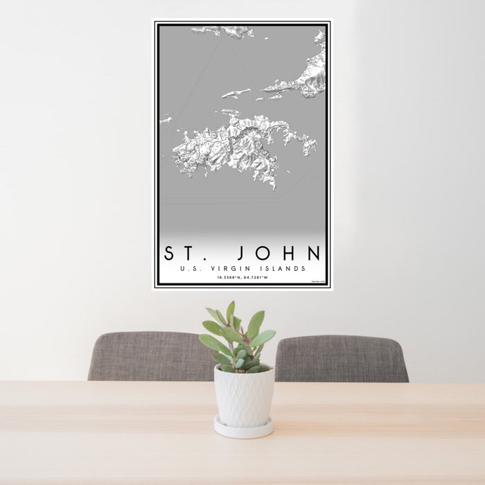24x36 St. John U.S. Virgin Islands Map Print Portrait Orientation in Classic Style Behind 2 Chairs Table and Potted Plant