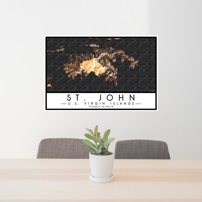 24x36 St. John U.S. Virgin Islands Map Print Lanscape Orientation in Ember Style Behind 2 Chairs Table and Potted Plant
