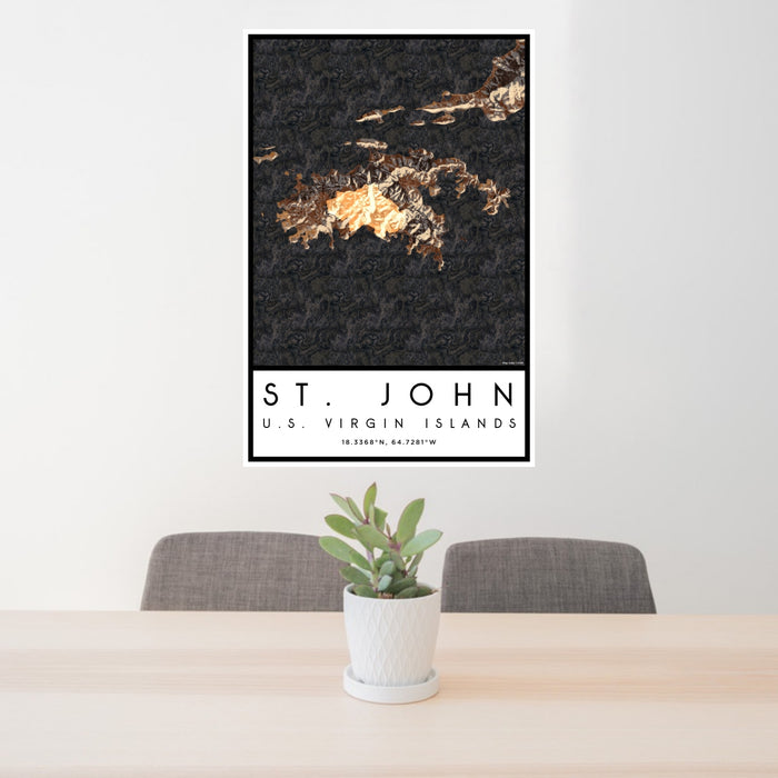 24x36 St. John U.S. Virgin Islands Map Print Portrait Orientation in Ember Style Behind 2 Chairs Table and Potted Plant