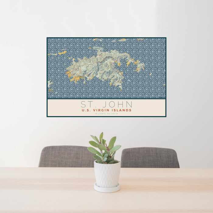 24x36 St. John U.S. Virgin Islands Map Print Lanscape Orientation in Woodblock Style Behind 2 Chairs Table and Potted Plant