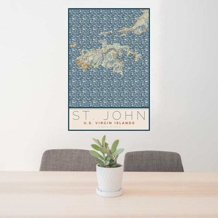 24x36 St. John U.S. Virgin Islands Map Print Portrait Orientation in Woodblock Style Behind 2 Chairs Table and Potted Plant