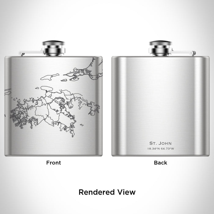 Rendered View of St. John U.S. Virgin Islands Map Engraving on 6oz Stainless Steel Flask