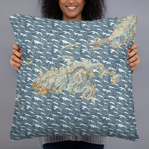 Person holding 22x22 Custom St. John U.S. Virgin Islands Map Throw Pillow in Woodblock
