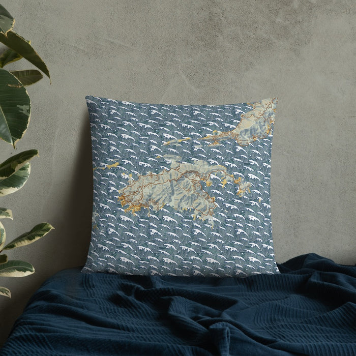 Custom St. John U.S. Virgin Islands Map Throw Pillow in Woodblock on Bedding Against Wall