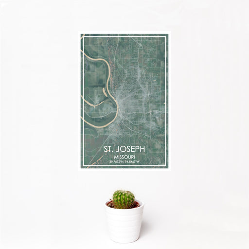 12x18 St. Joseph Missouri Map Print Portrait Orientation in Afternoon Style With Small Cactus Plant in White Planter