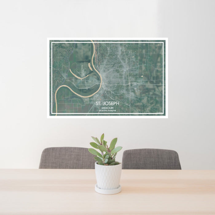 24x36 St. Joseph Missouri Map Print Lanscape Orientation in Afternoon Style Behind 2 Chairs Table and Potted Plant