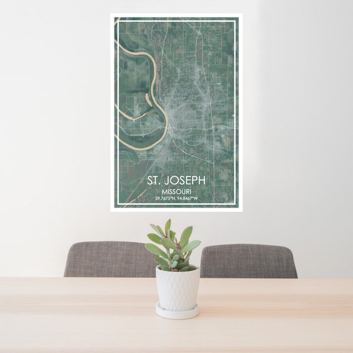 24x36 St. Joseph Missouri Map Print Portrait Orientation in Afternoon Style Behind 2 Chairs Table and Potted Plant