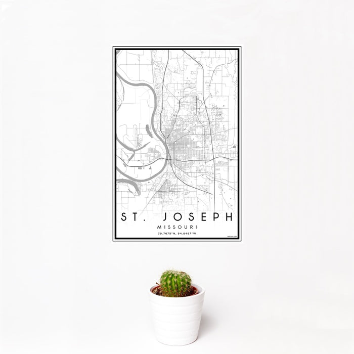 12x18 St. Joseph Missouri Map Print Portrait Orientation in Classic Style With Small Cactus Plant in White Planter