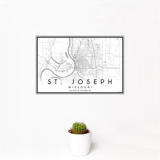12x18 St. Joseph Missouri Map Print Landscape Orientation in Classic Style With Small Cactus Plant in White Planter