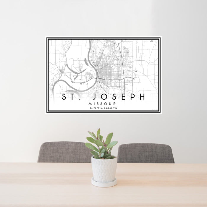 24x36 St. Joseph Missouri Map Print Landscape Orientation in Classic Style Behind 2 Chairs Table and Potted Plant