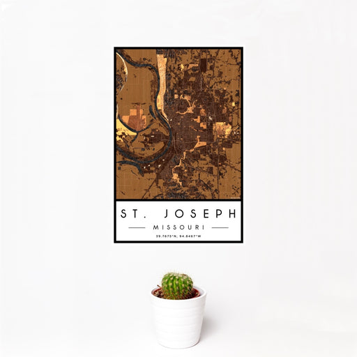 12x18 St. Joseph Missouri Map Print Portrait Orientation in Ember Style With Small Cactus Plant in White Planter