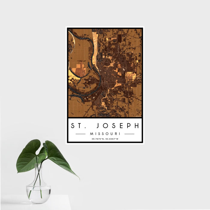 16x24 St. Joseph Missouri Map Print Portrait Orientation in Ember Style With Tropical Plant Leaves in Water
