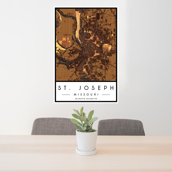 24x36 St. Joseph Missouri Map Print Portrait Orientation in Ember Style Behind 2 Chairs Table and Potted Plant