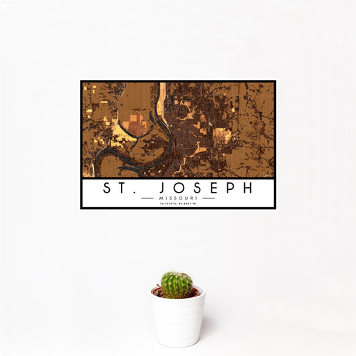 12x18 St. Joseph Missouri Map Print Landscape Orientation in Ember Style With Small Cactus Plant in White Planter