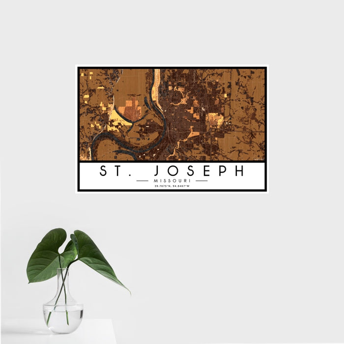 16x24 St. Joseph Missouri Map Print Landscape Orientation in Ember Style With Tropical Plant Leaves in Water