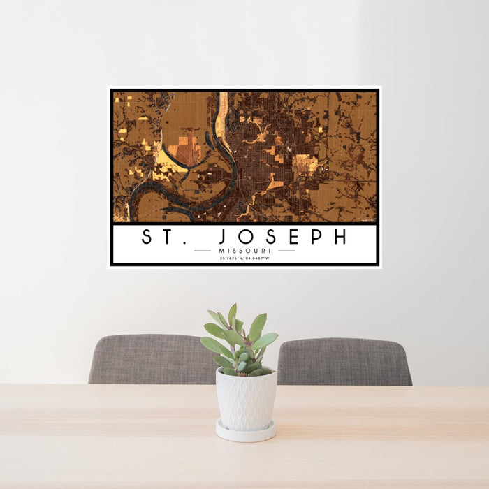 24x36 St. Joseph Missouri Map Print Landscape Orientation in Ember Style Behind 2 Chairs Table and Potted Plant