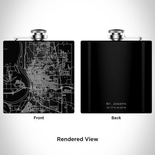 Rendered View of St. Joseph Missouri Map Engraving on 6oz Stainless Steel Flask in Black