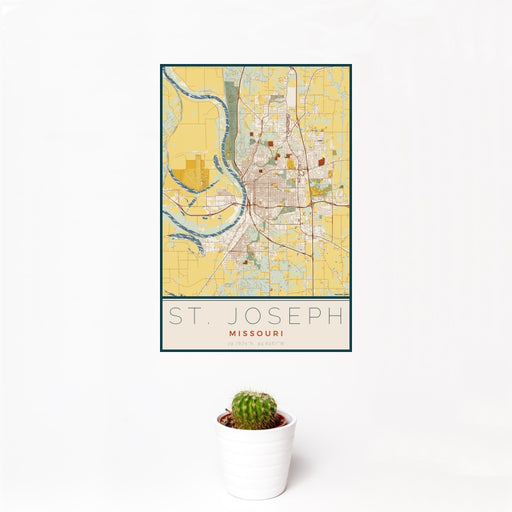 12x18 St. Joseph Missouri Map Print Portrait Orientation in Woodblock Style With Small Cactus Plant in White Planter