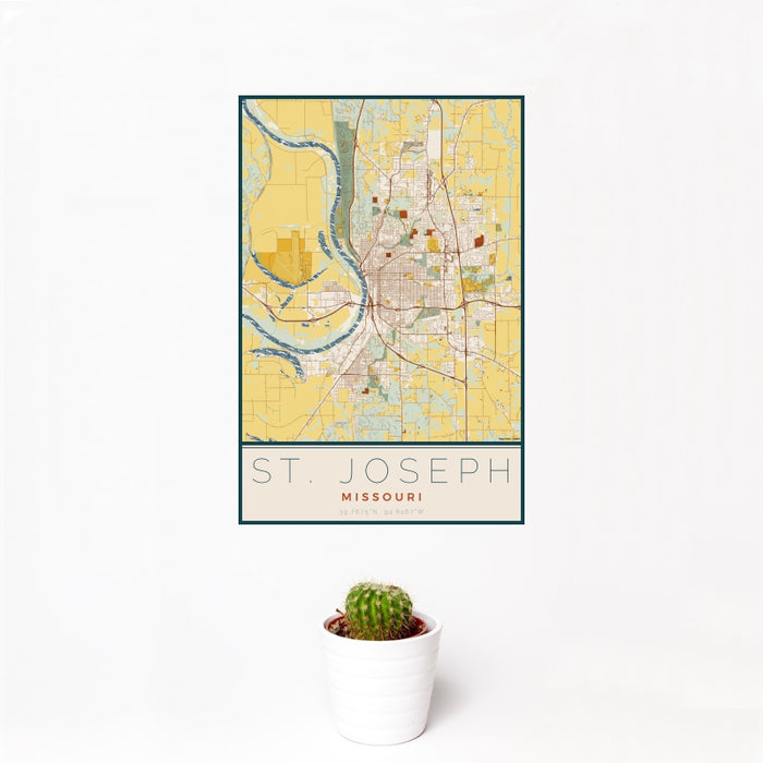 12x18 St. Joseph Missouri Map Print Portrait Orientation in Woodblock Style With Small Cactus Plant in White Planter