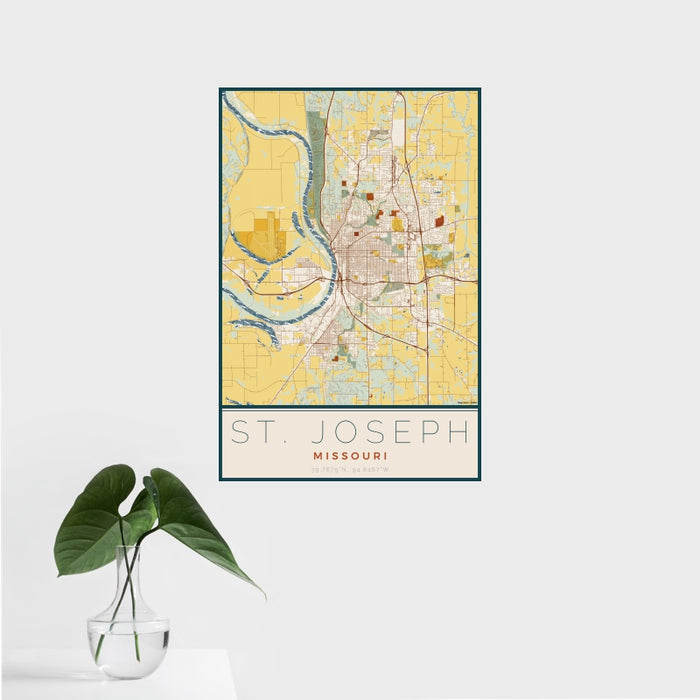 16x24 St. Joseph Missouri Map Print Portrait Orientation in Woodblock Style With Tropical Plant Leaves in Water