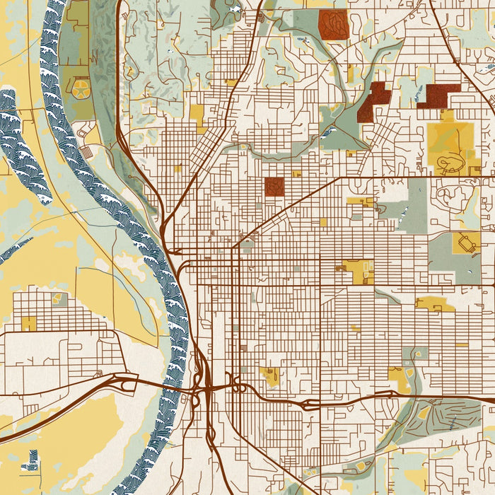 St. Joseph Missouri Map Print in Woodblock Style Zoomed In Close Up Showing Details