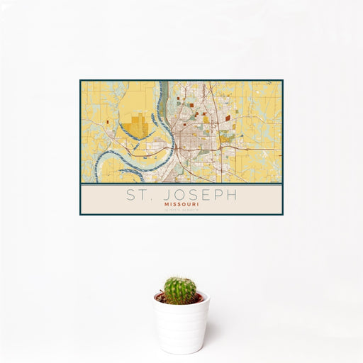 12x18 St. Joseph Missouri Map Print Landscape Orientation in Woodblock Style With Small Cactus Plant in White Planter