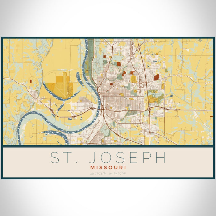 St. Joseph Missouri Map Print Landscape Orientation in Woodblock Style With Shaded Background