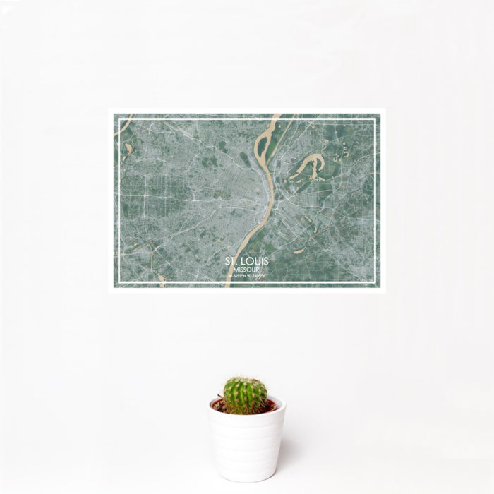 12x18 St. Louis Missouri Map Print Landscape Orientation in Afternoon Style With Small Cactus Plant in White Planter