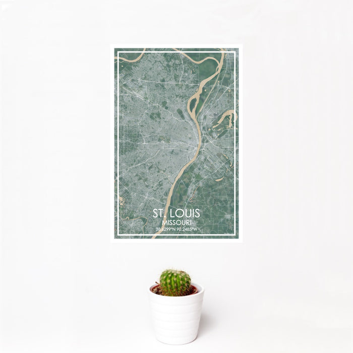 12x18 St. Louis Missouri Map Print Portrait Orientation in Afternoon Style With Small Cactus Plant in White Planter